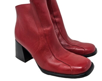 Vintage 90s 8 Red Leather Chunky Boot Ankle Square Toe Whimsygoth Goth Zip