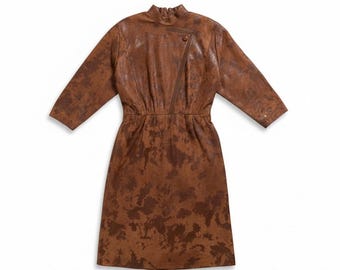 Vintage 80s 42 Leather Brown Cowhide Avant Garde High Neck Dress Western Glam
