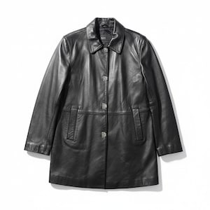May include: A black leather coat featuring a classic collar, long sleeves, and a front button closure with three visible silver-toned rectangular buttons. The coat includes two vertical slit pockets at the waist and a smooth, polished finish.