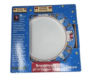 Vintage 90s Debbie Mumm 4 Snowman Dinner Plates Christmas Holiday Whimsical