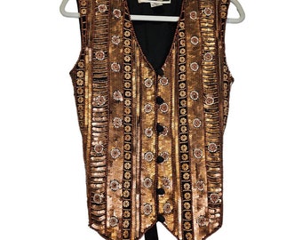Vintage 90s M Black Beaded Sequin Silk Vest Boho Glam Whimsygoth Avant Garde