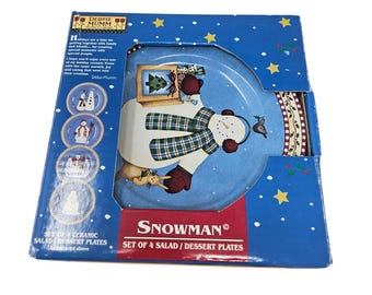 Vintage 90s Debbie Mumm 4 Snowman Salad Plates Christmas Holiday Whimsical