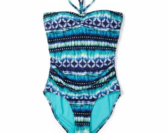 NEW Bleu Rod Beattie 10 Blue One Piece Halter Swimsuit Printed Bandeau