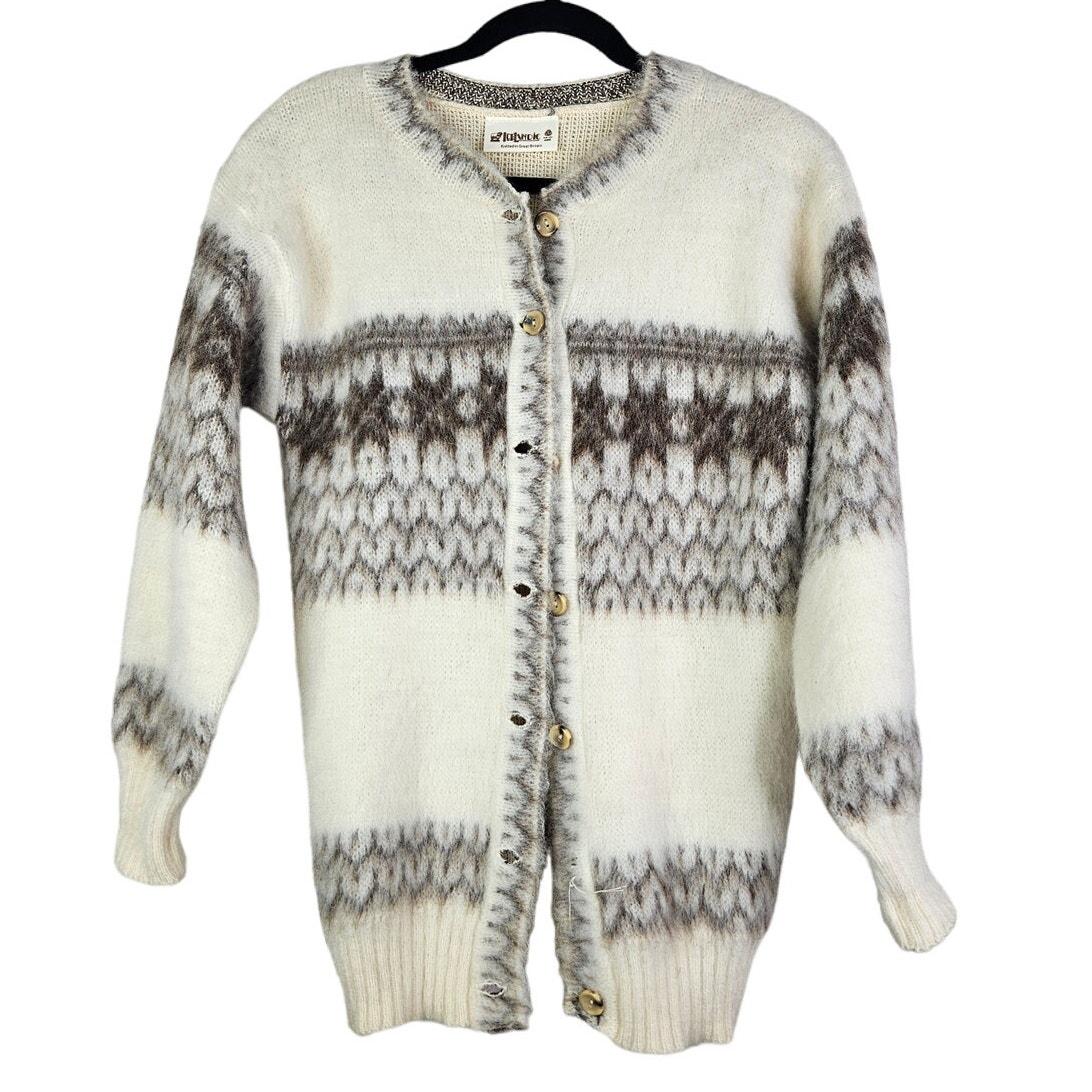Vintage Icelandic S Fuzzy Cardigan Sweater Nordic Fair Isle Cream Brown Cottage