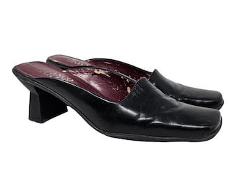 Vintage Y2K Franco Sarto 8 Black Leather Square Toe Heel Slide Mule Minimalist