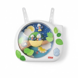 May include: A white Fisher-Price crib mobile featuring a circular display with a blue sky background, a yellow sun, white clouds, and a brown tree branch with a nest containing three small bird figures and one flying bird figure above.