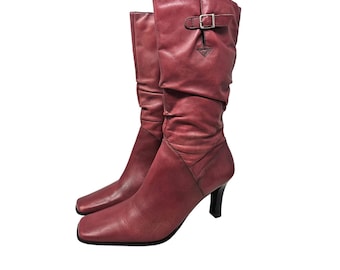 Vintage Y2K Red Leather 10 Slouchy Square Toe Heel Boot Whimsygoth Grunge Boho