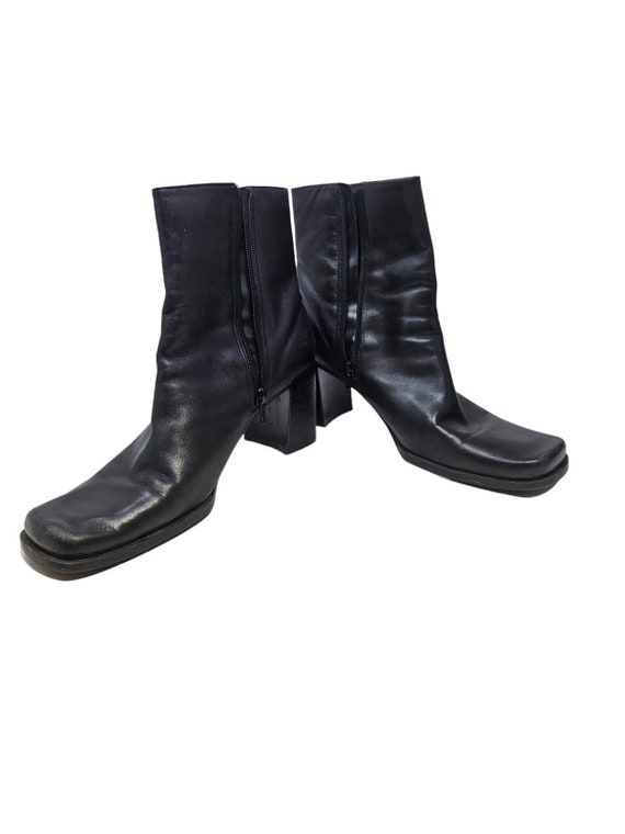 Vintage 90s 10 Black Leather Chunky Square Toe Bo… - image 2