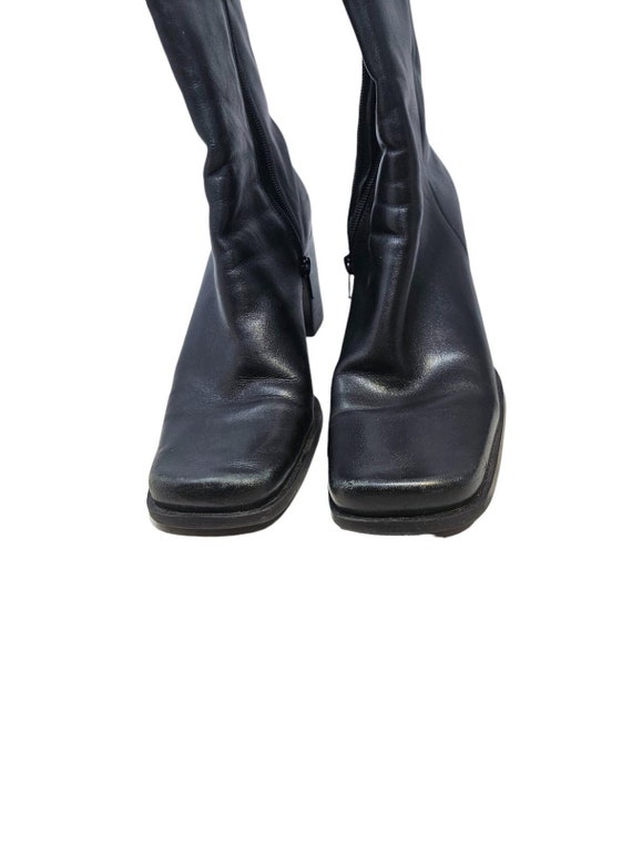 Vintage 90s 10 Black Leather Chunky Square Toe Bo… - image 3