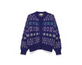 Vintage 80s Benetton 50 Blue Mohair Wool Blend Nordic Cardigan Sweater Cottage