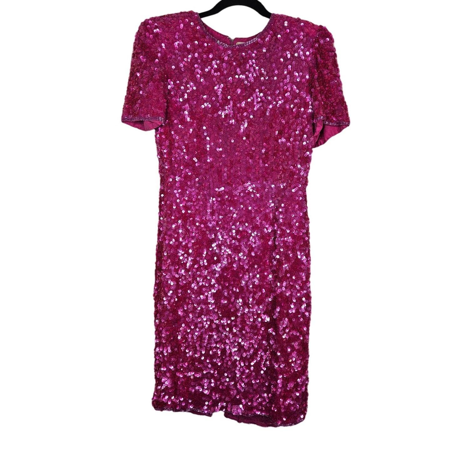 Leslie Fay 8 Fushia Pink Silk Sequin Shift Dress Formal Glam Cocktail Shimmer