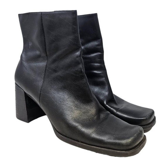 Vintage 90s 10 Black Leather Chunky Square Toe Bo… - image 1