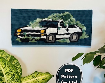 Patron tableau en crochet " voiture ensevelie par la nature " - motif de tapisserie - tapestry crochet pattern