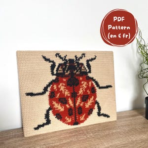 Könnte beinhalten: Ein beiges, rechteckiges, gehäkeltes Stück mit einem Marienkäfer-Design. Der Marienkäfer ist rot mit schwarzen Punkten und einem schwarzen Kopf und Beinen. Ein roter Kreis mit dem Text "PDF Pattern (en & fr)" befindet sich oben rechts.
