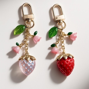 Kawaii Strawberry Keychain – Pink or Red Fruit Charm with Flowers & Leaf, Cute Acrylic Bag Charm, Gift for Her, Pastel Aesthetic Accessory