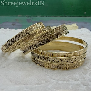 Conjunto de brazaletes de latón macizo hechos a mano: joyería india ancha apilable