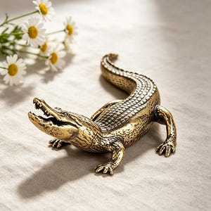 May include: A metallic gold-toned alligator figurine with a textured, scaly surface and an open mouth. The sculpture features detailed markings along its back and tail, with four legs positioned firmly, capturing a realistic pose of the reptile.