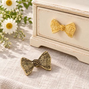 Solid Brass Bow Cabinet Knob, Textured Bow Tie Drawer Pull, Vintage Dresser Knob, Antique Gold Furniture Hardware, Coquette Decor