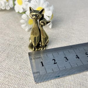Op de afbeelding: Een kleine, antieke messing kattenfiguur die twee samen zittende katten afbeeldt. Het beeldje is ongeveer 2,5 cm hoog. De katten zijn gedetailleerd met puntige oren en een gladde afwerking. Madeliefjes staan op de achtergrond.