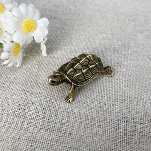 May include: A small, bronze-colored turtle figurine with detailed shell patterns and outstretched legs. The turtle is positioned on a textured, neutral-toned surface, with white daisies with yellow centers in the background.