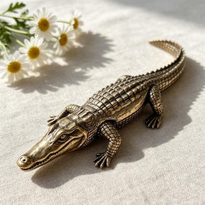 Op de afbeelding: Een metalen alligatorfiguur in bronskleur met gedetailleerde, gestructureerde schubben op de rug, een lange snuit en vier poten. Het beeldje is gegoten in een realistische houding met de staart lichtjes naar de zijkant gebogen.