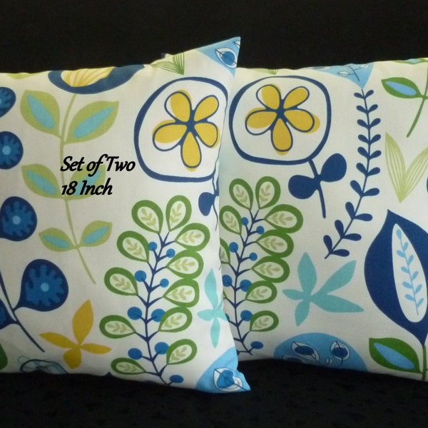 Decorative Throw Pillow Covers -  Green, Blue, Yellow on White  - Set of Two 18 Inch