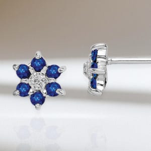 Sterling Silver Natural Sapphire and Diamond Floral Stud Earrings, September Birthstone Earrings