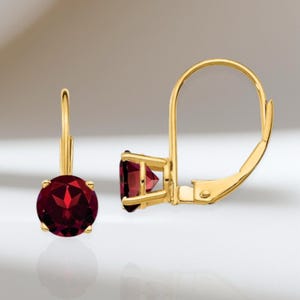 14K Yellow Gold Garnet Dangle Earrings: January Birthstone Leverbacks
