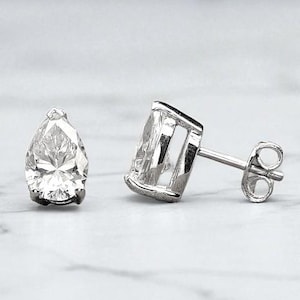 Pear Shape Moissanite Stud Earrings in Push Back, Dainty 925 Silver, Solitaire Studs