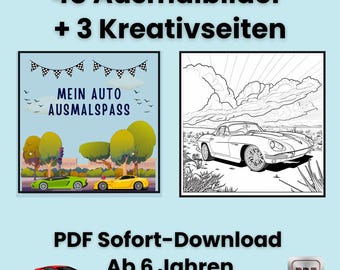 Autokleurboek voor kinderen PDF | 48 kleurplaten + creatieve pagina's | Auto's om in te kleuren voor kinderen vanaf 6 jaar | Direct downloaden