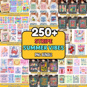 May include: A digital collection of over 250 graphic designs featuring summer-themed illustrations, colorful stripes, and various phrases like Sweet Summer Time, Booked for Summer, and Seas the Day, presented as a collage of PNG files.