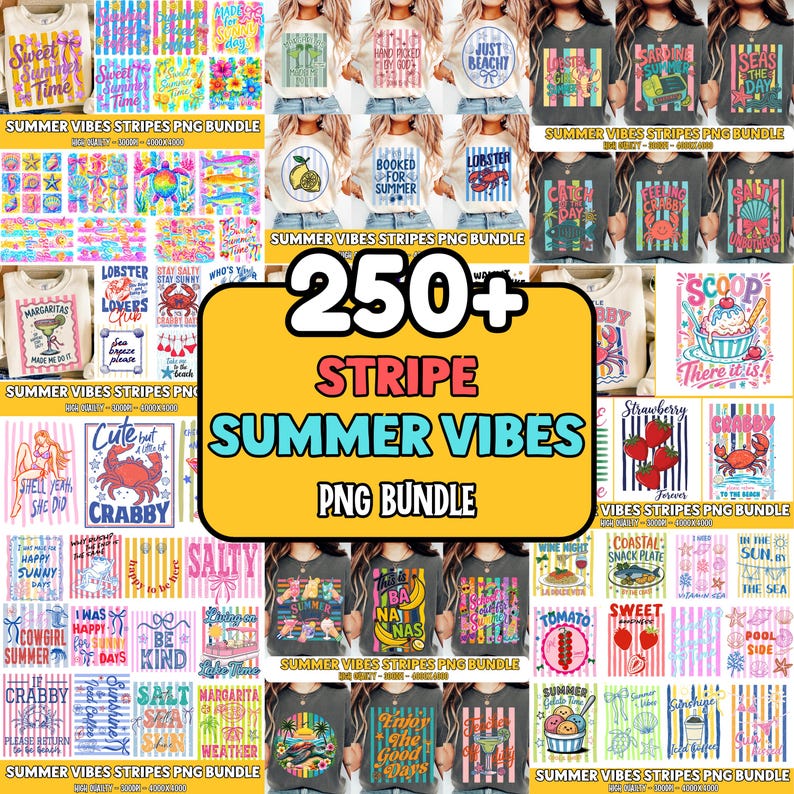 May include: A digital collection of over 250 graphic designs featuring summer-themed illustrations, colorful stripes, and various phrases like Sweet Summer Time, Booked for Summer, and Seas the Day, presented as a collage of PNG files.