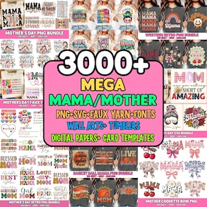 Könnte beinhalten: Ein digitales Kunstpaket mit über 3000 Designs zum Thema "Mama/Mutter". Enthält PNG- und SVG-Dateien, Kunstgarn, Schriftarten, Wandkunst, Becher, digitale Papiere und Kartenvorlagen. Designs umfassen Muttertag und Basketball-Themen.