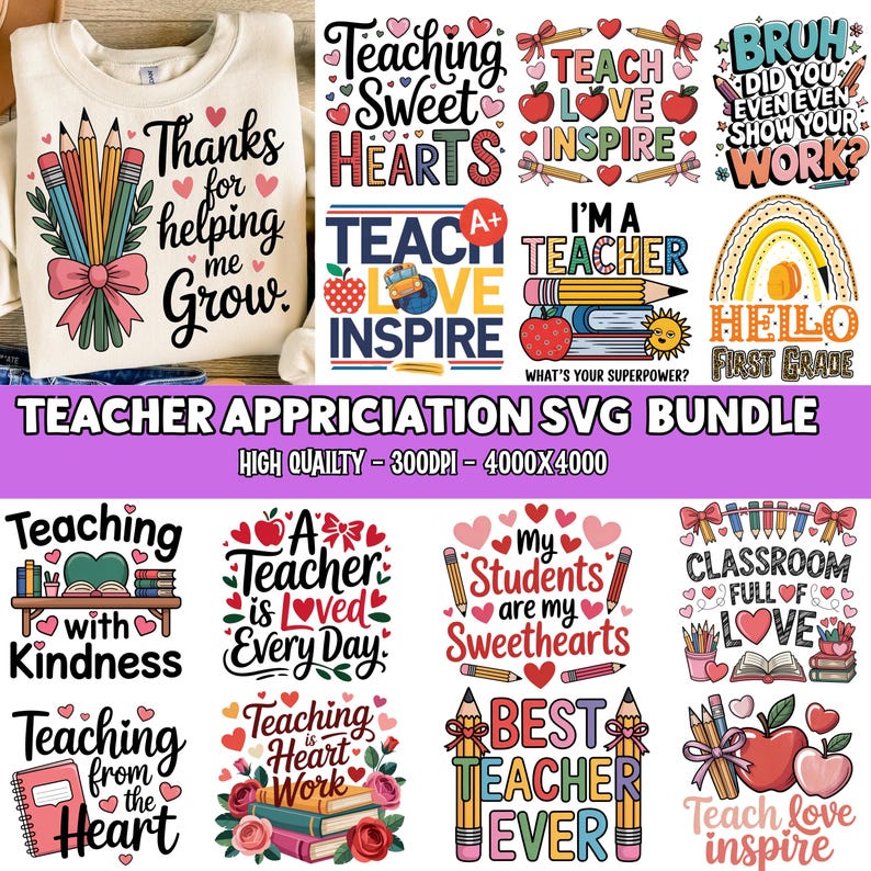 5000+ Teacher png bundle school holiday teacher appreciation retro boho teach love inspire back to school rainbow teacher life sublimation image 4