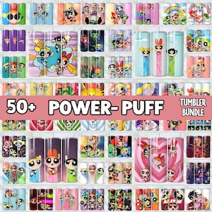 May include: A collection of Powerpuff Girls-themed tumblers, each with unique designs featuring the characters. The tumblers are in various colors, with the text "50+ POWER-PUFF TUMBLER BUNDLE" displayed prominently.