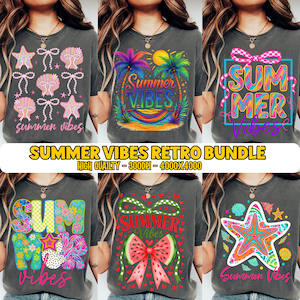 May include: A collection of gray t-shirts featuring summer-themed designs. The shirts display graphics like seashells, palm trees, watermelon slices, and starfish, along with the text "Summer Vibes" and "Summer". The text "Summer Vibes Retro Bundle" is also visible.
