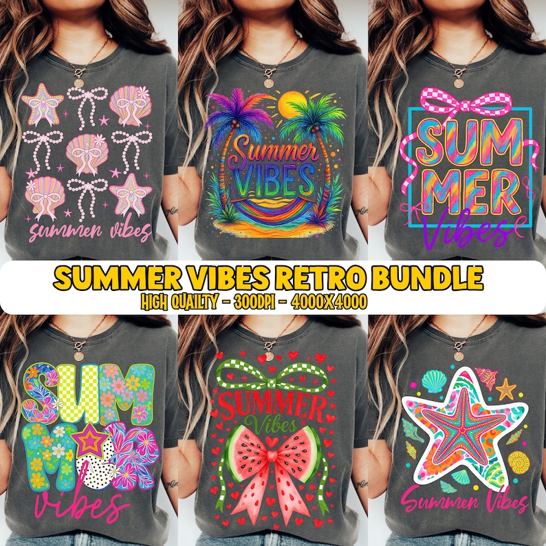 May include: A collection of gray t-shirts featuring summer-themed designs. The shirts display graphics like seashells, palm trees, watermelon slices, and starfish, along with the text "Summer Vibes" and "Summer". The text "Summer Vibes Retro Bundle" is also visible.