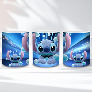 May include: White ceramic mug featuring a blue cartoon character with large black eyes, pink ears, and a black bow tie. The mug has a blue background with bubbles and a light blue and white design.