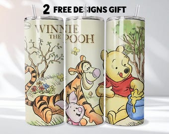 Retro Winnie the Pooh Tigger Piglet Eeyore Aquarell 20 Unzen Skinny Tumbler Vorlage PNG, Pooh Skinny Tumble Wrap Design PNG Digital Download