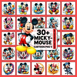 Puede incluir: Una cuadrícula de imágenes de dibujos animados con Mickey Mouse en varias poses y estilos. Las imágenes están sobre un fondo rojo. La imagen central presenta a Mickey Mouse con el texto "30+ Mickey Mouse Cartoon PNG's".