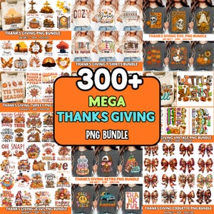 May include: A collection of Thanksgiving-themed digital designs, including t-shirts, graphics, and PNG bundles. The image features various designs with text like "Thankful," "Gobble," and "Harvest," along with pumpkin and fall-themed illustrations. The designs are suitable for creating seasonal crafts.