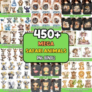 Pode incluir: Uma coleção digital de mais de 450 arquivos PNG de animais de safári com ilustrações em aquarela e gráficas de leões, elefantes, girafas, macacos e zebras. O pacote inclui vários estilos artísticos como animais em madeira, detalhes florais e designs de personagens divertidos.