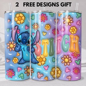 May include: Three cylindrical tumblers with straws featuring a blue and purple gradient background. The design includes a blue alien character, yellow and pink flowers, small mouse-ear silhouettes, and the text STITCH in colorful bubble letters.