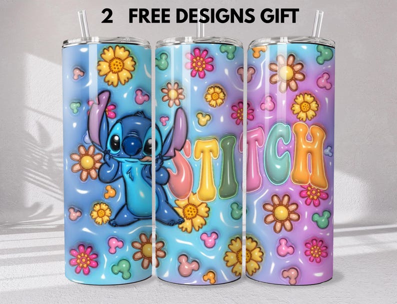 May include: Three cylindrical tumblers with straws featuring a blue and purple gradient background. The design includes a blue alien character, yellow and pink flowers, small mouse-ear silhouettes, and the text STITCH in colorful bubble letters.