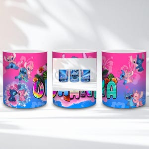 May include: White ceramic mug featuring a colorful design with the character Stitch from Lilo & Stitch. The mug has a pink and blue gradient background with Stitch illustrations and the name "OLA" in colorful letters. The mug also has a picture of three mugs.