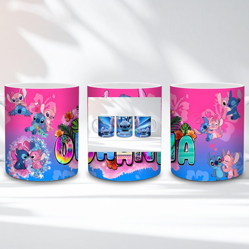 May include: White ceramic mug featuring a colorful design with the character Stitch from Lilo & Stitch. The mug has a pink and blue gradient background with Stitch illustrations and the name "OLA" in colorful letters. The mug also has a picture of three mugs.