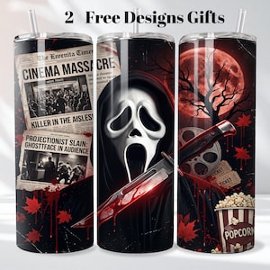 Halloween Tumbler Sublimation Design: Spooky Ghostface Scream Newspaper Wrap Digital Instant Download
