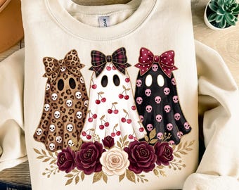 Preppy Ghost Cherry PNG Coquette Halloween Leopard Skulls Spooky Shirt Design Digital Download