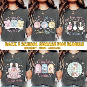 May include: A collection of six charcoal gray t-shirts featuring various graphic prints of cartoon geese. The designs include text such as Squad Goals, Eat, Sleep, Teach, Repeat, Reading, Writing & Recess, Peace, Love & Learning, Teacher Tribe, and Coffee First Teaching Later.