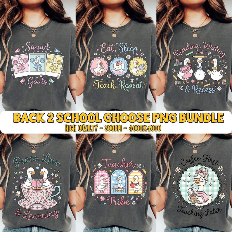 May include: A collection of six charcoal gray t-shirts featuring various graphic prints of cartoon geese. The designs include text such as Squad Goals, Eat, Sleep, Teach, Repeat, Reading, Writing & Recess, Peace, Love & Learning, Teacher Tribe, and Coffee First Teaching Later.
